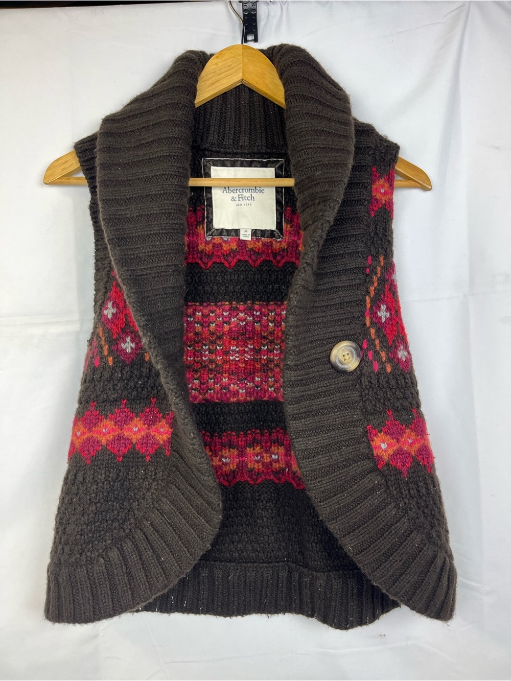 Vintage‎ Abercrombie & Fitch Chunky Fair Isle Shawl Vest • Y2K Boho Knit M